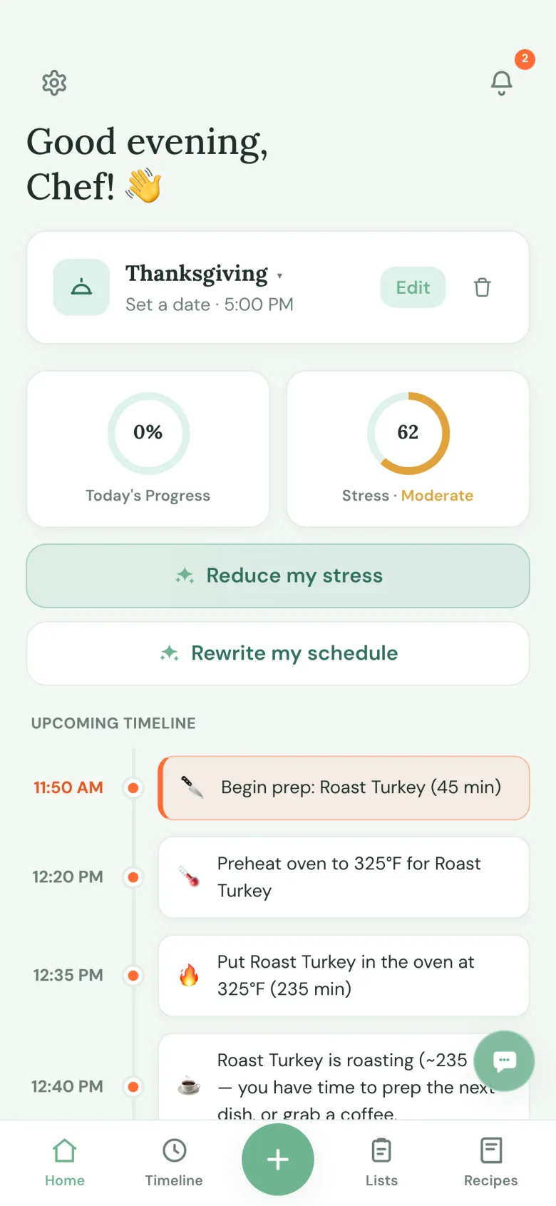 A Thanksgiving plan in Time 2 Table with a stress meter and the upcoming timeline