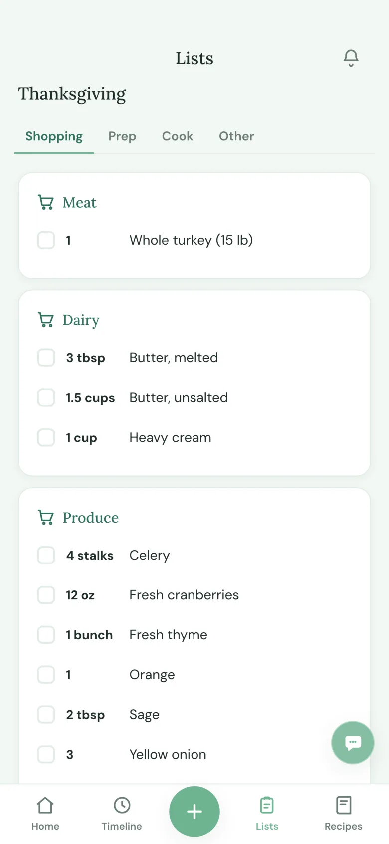 The shopping list built automatically from the menu